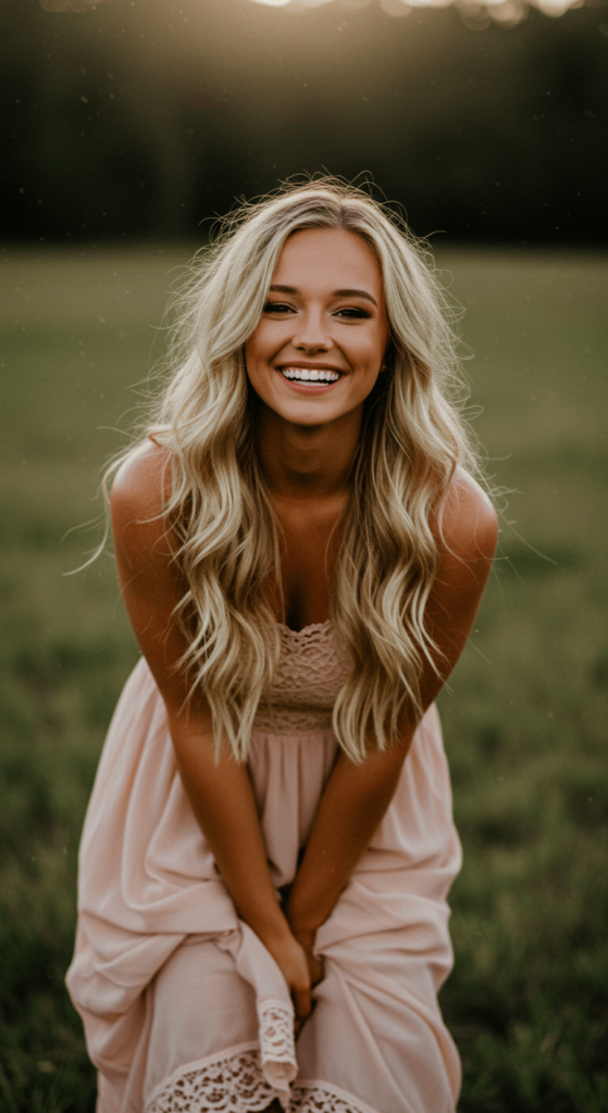 A smiling blonde woman wearing a light pink dress stands in a grassy field at sunset, radiating happiness and natural beauty.