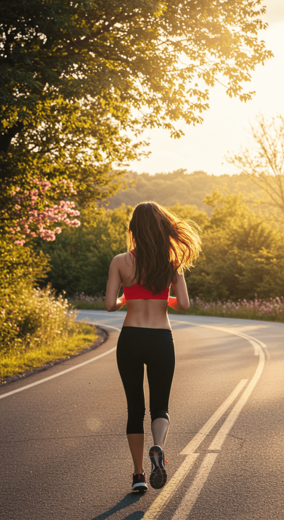 A woman in athletic wear runs on a scenic, tree-lined road during a sunny day, capturing the energy and serenity of outdoor exercise.