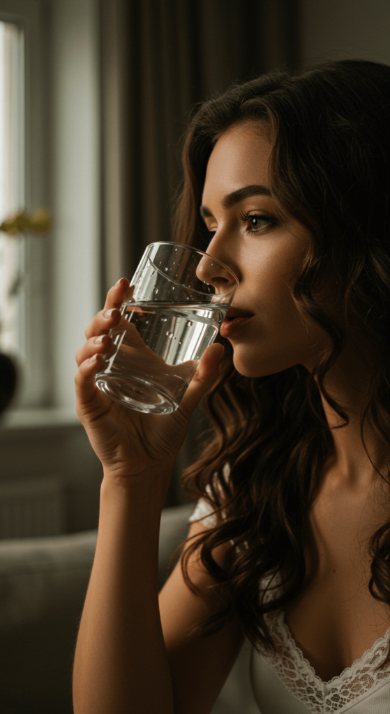 A young woman with wavy brown hair is drinking a glass of water while sitting indoors, showcasing a peaceful and healthy moment in natural light.