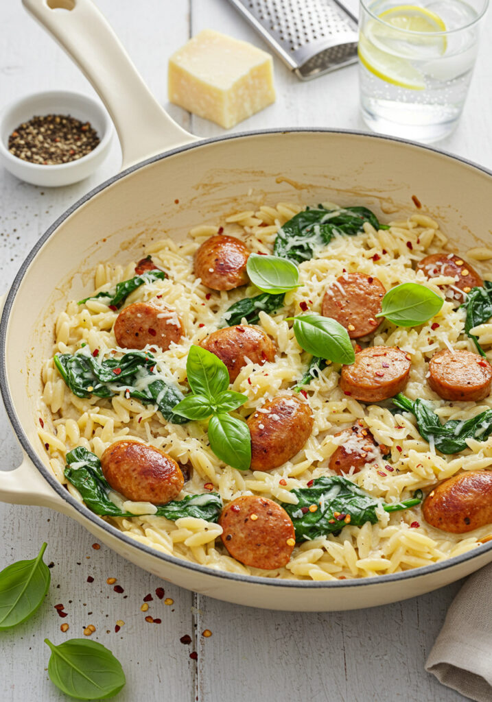 One Pan Chicken Sausage and Orzo