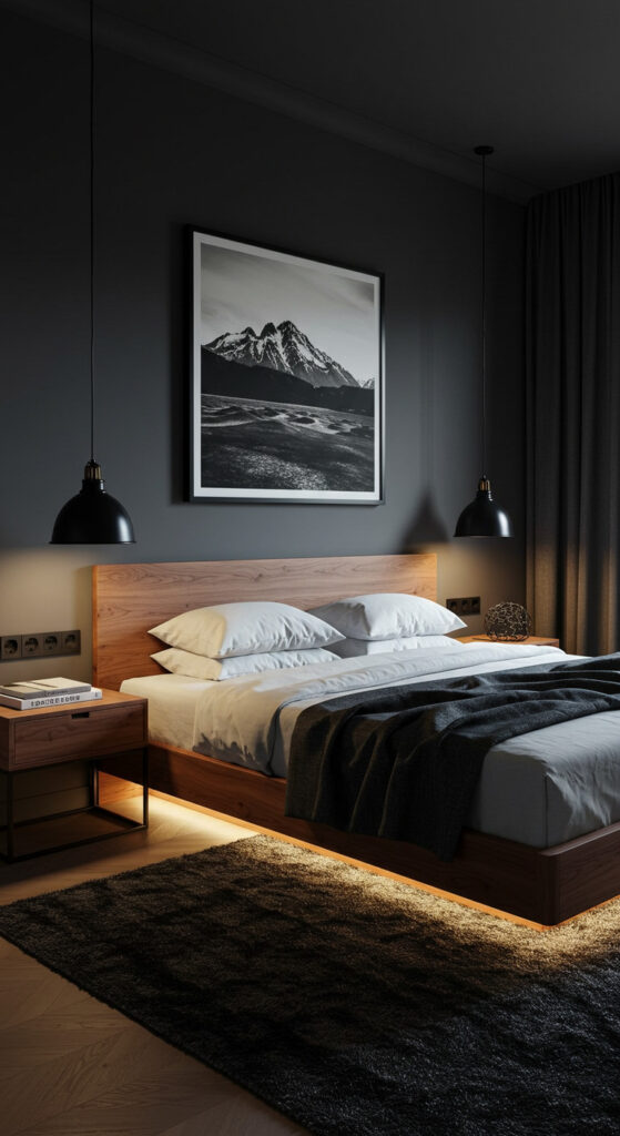 1. Charcoal and Walnut Modern Men’s Bedroom