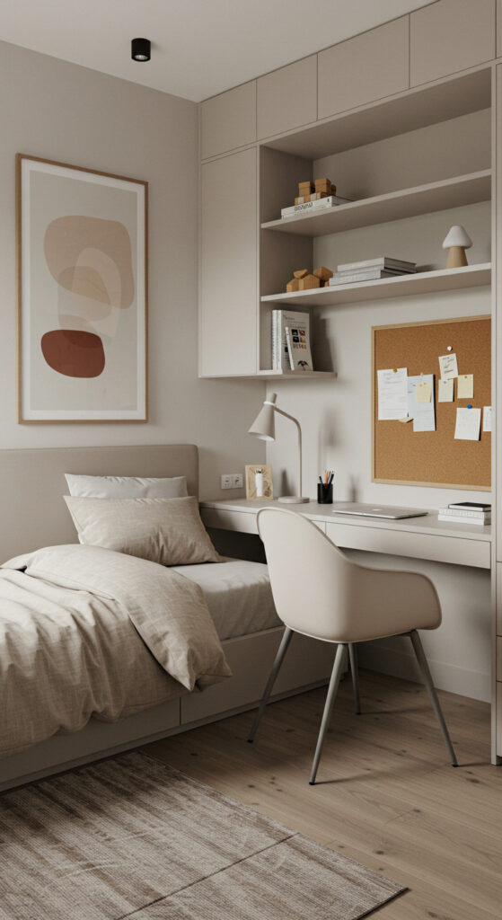 1. Soft Neutral Minimalist Teen Bedroom with Study Nook