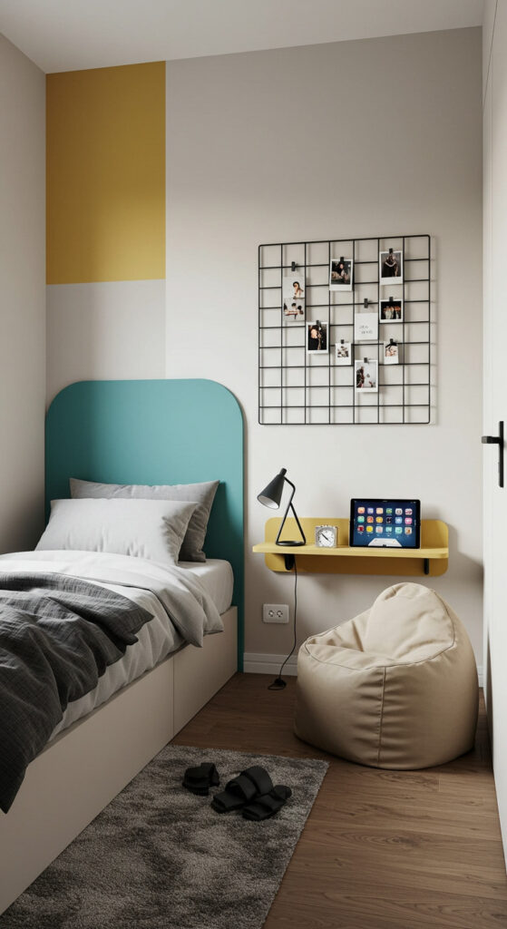 10. Minimalist Bedroom with Tech + Chill Zone for Teens