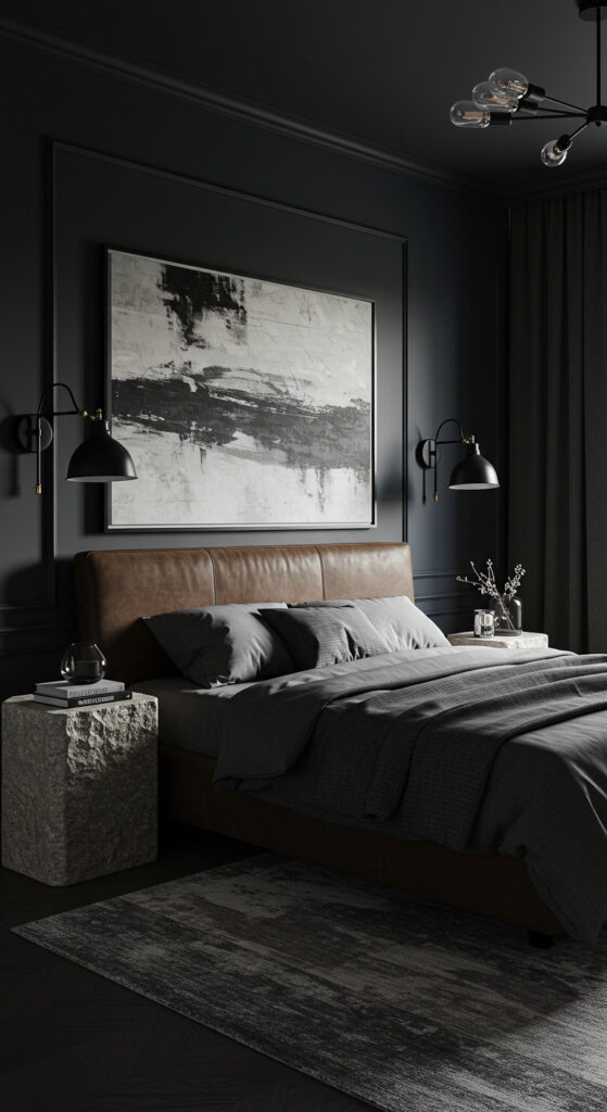 10. Moody Textured Modern Men’s Bedroom