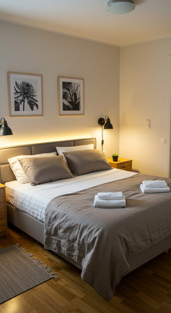 11. Compact Master Bedroom with Warm Lighting