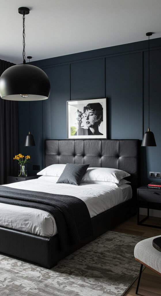 11. Modern Bachelor Pad Bedroom with Statement Lighting