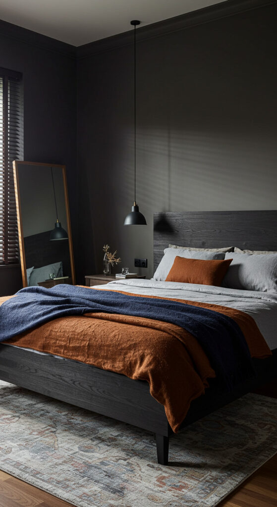 14. Cozy-Modern Bedroom with Masculine Layers