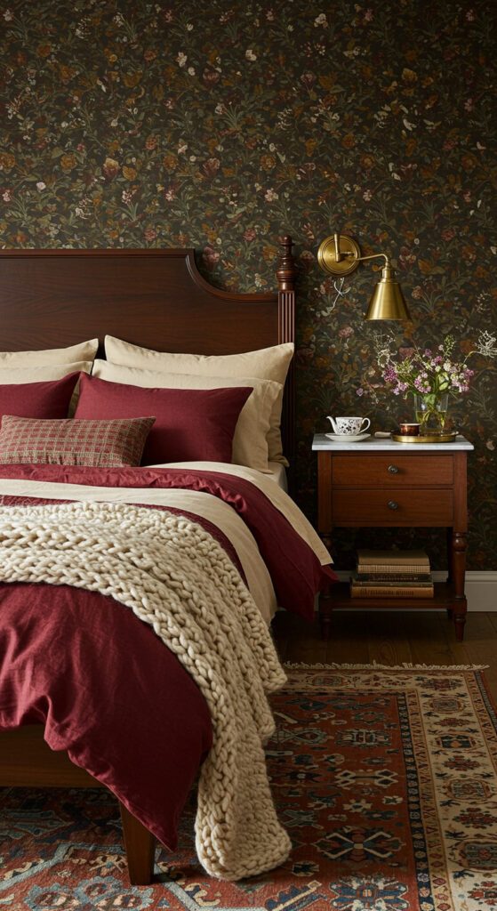 15. Cozy Vintage Bedroom with Wallpaper and Wood Accents
