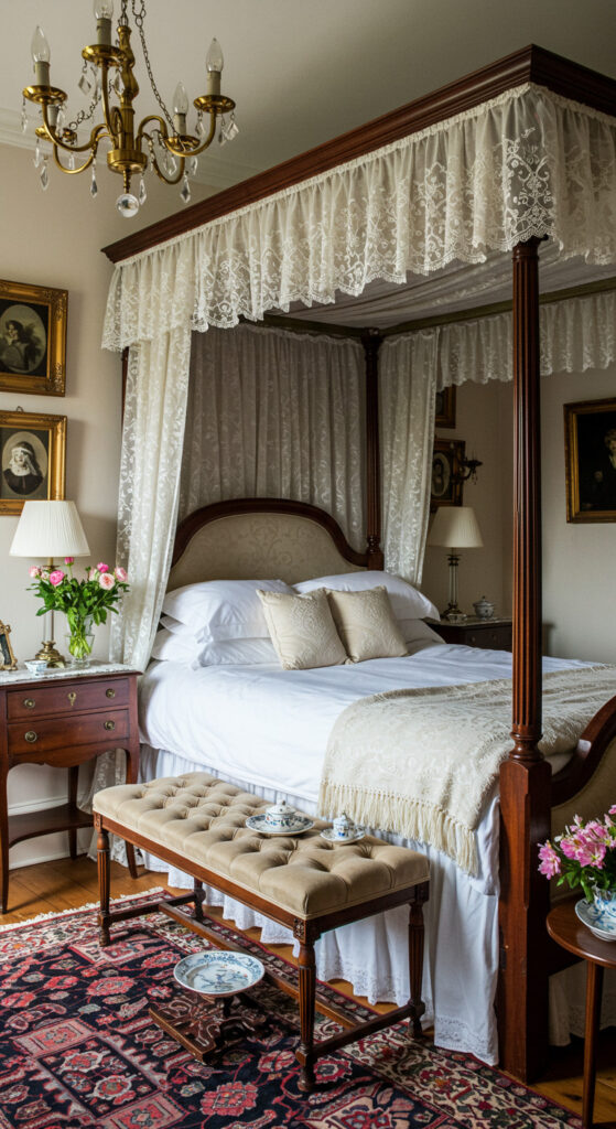 16. Edwardian-Inspired Cozy Bedroom with Canopy Bed