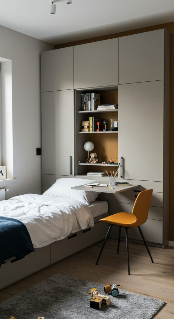 16. Minimalist Teen Bedroom with Fold-Away Furniture