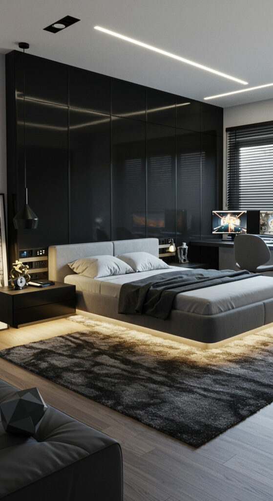 16. Monochrome Modern Men’s Bedroom with Tech Edge