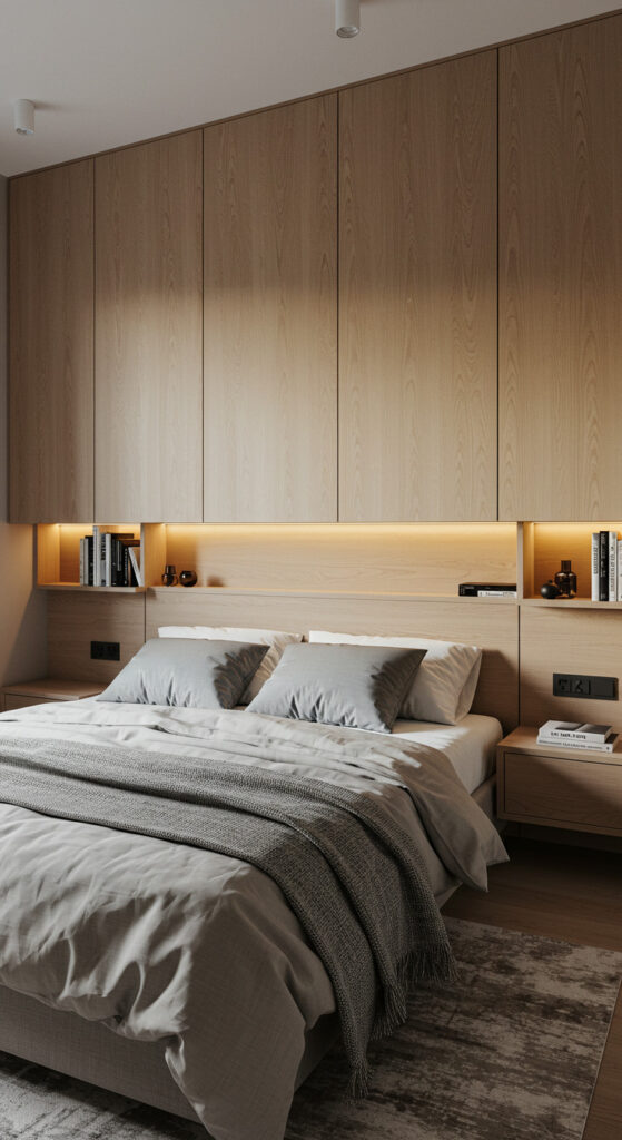 17. Compact Minimalist Bedroom for Couples with Built-In Headboard Wall