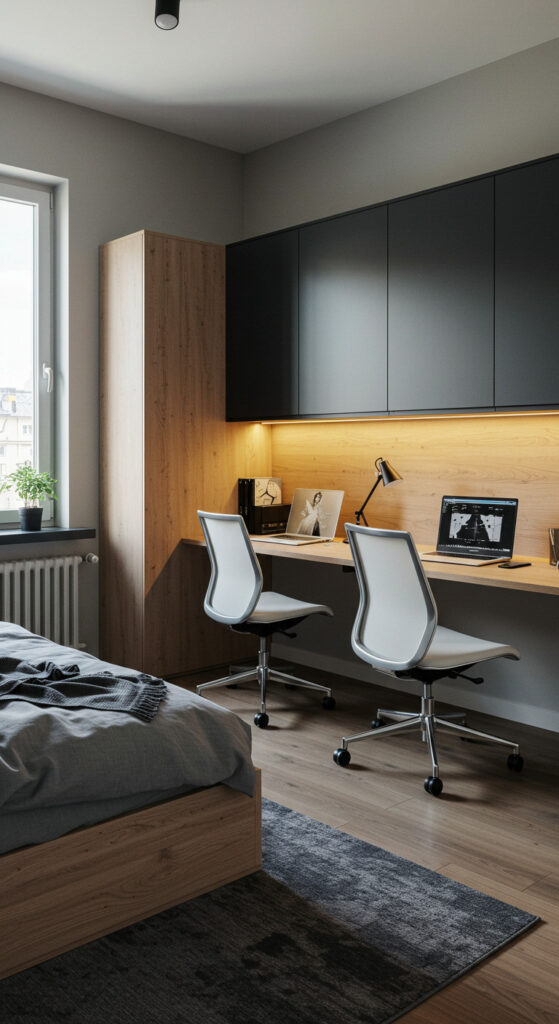 17. Dual-Zone Modern Bedroom with Shared Workspace