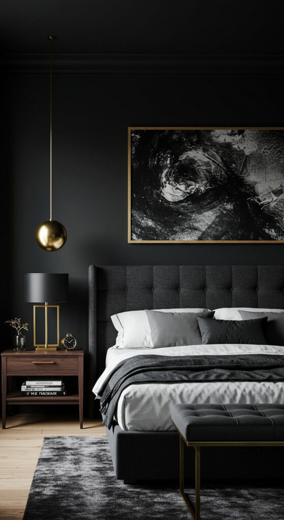 18. Black and Brass Modern Men’s Bedroom