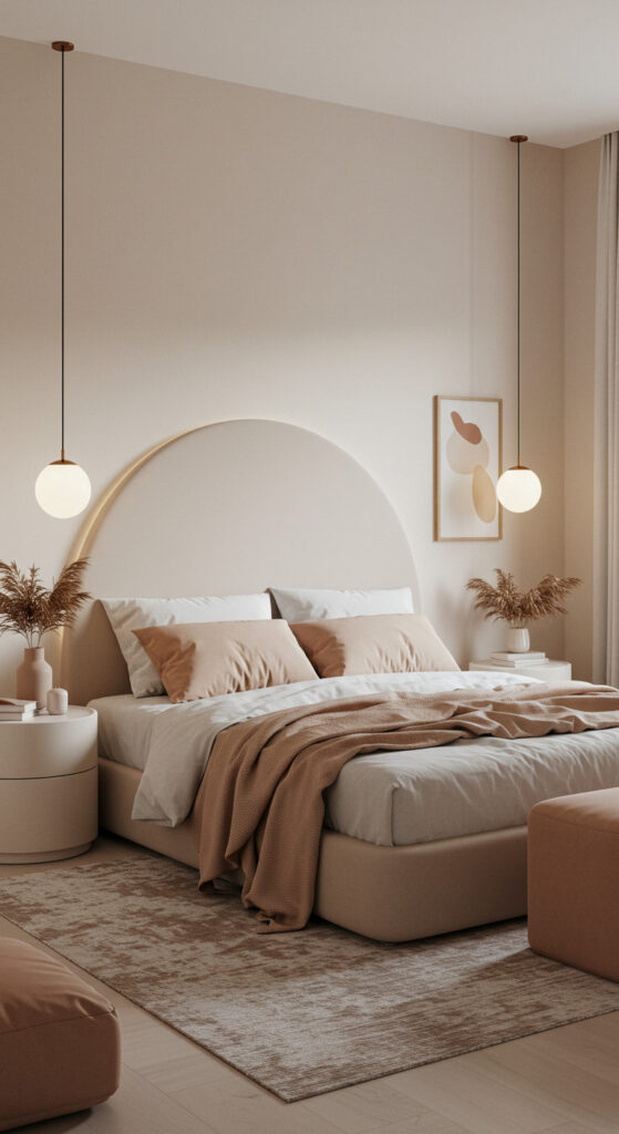 18. Minimalist Bedroom with Curved and Soft-Edged Features