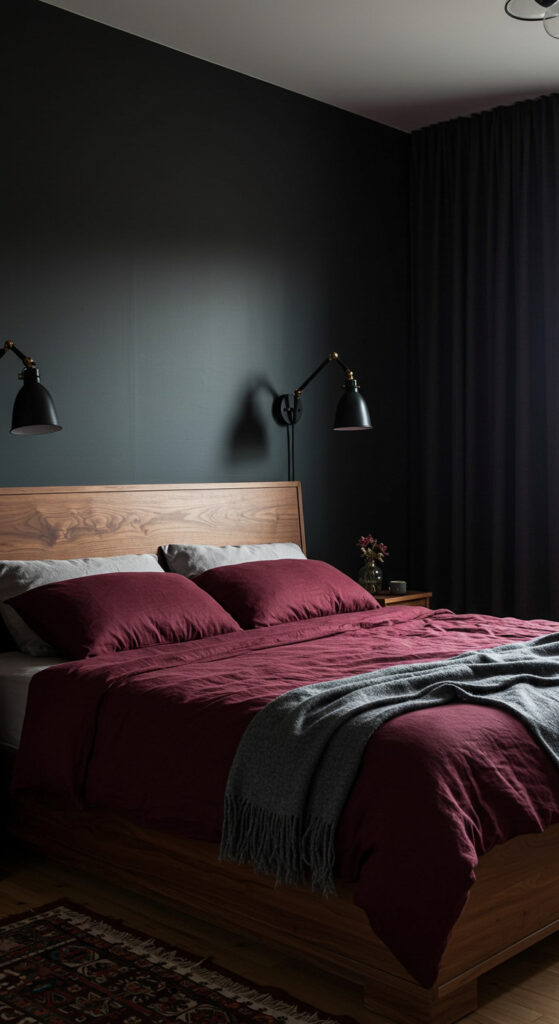 19. Couple’s Bedroom with Moody Lighting and Dark Accents
