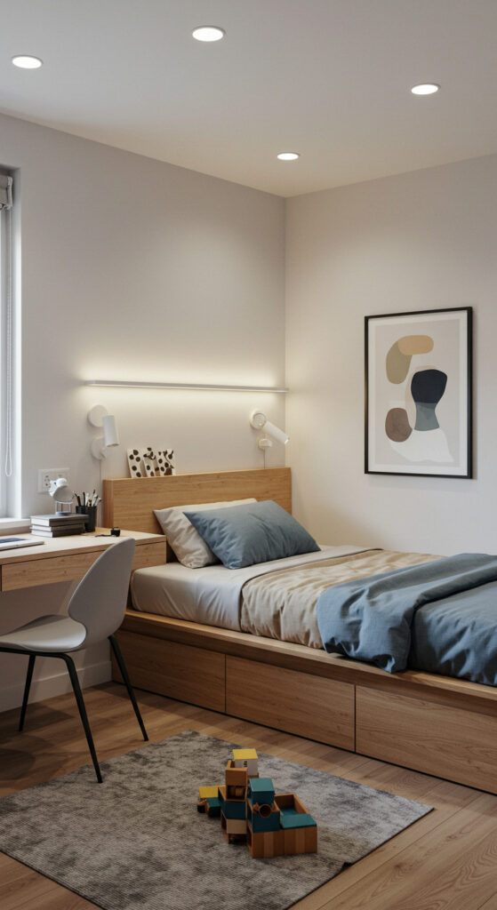 19. Minimalist Teen Bedroom with Layered Lighting