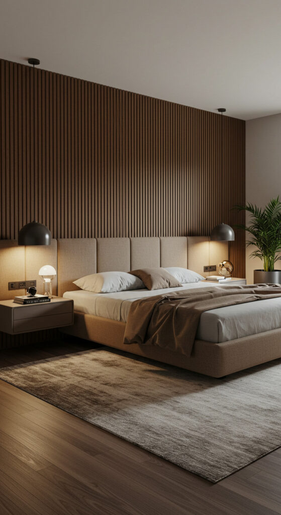19. Modern Couples Bedroom with Floating Nightstands and Wall Panels