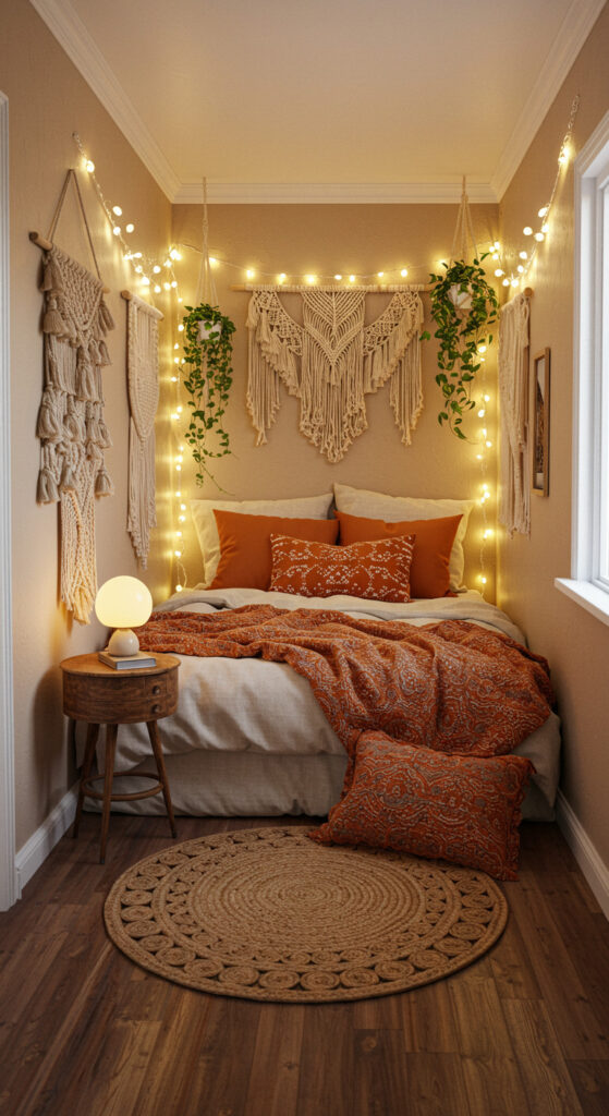 2. Cozy Boho Small Bedroom with Layered Textiles