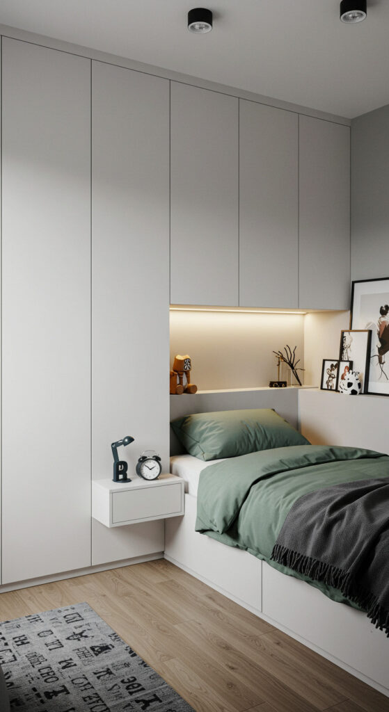 2. Minimalist Teen Bedroom with Built-In Storage Wall
