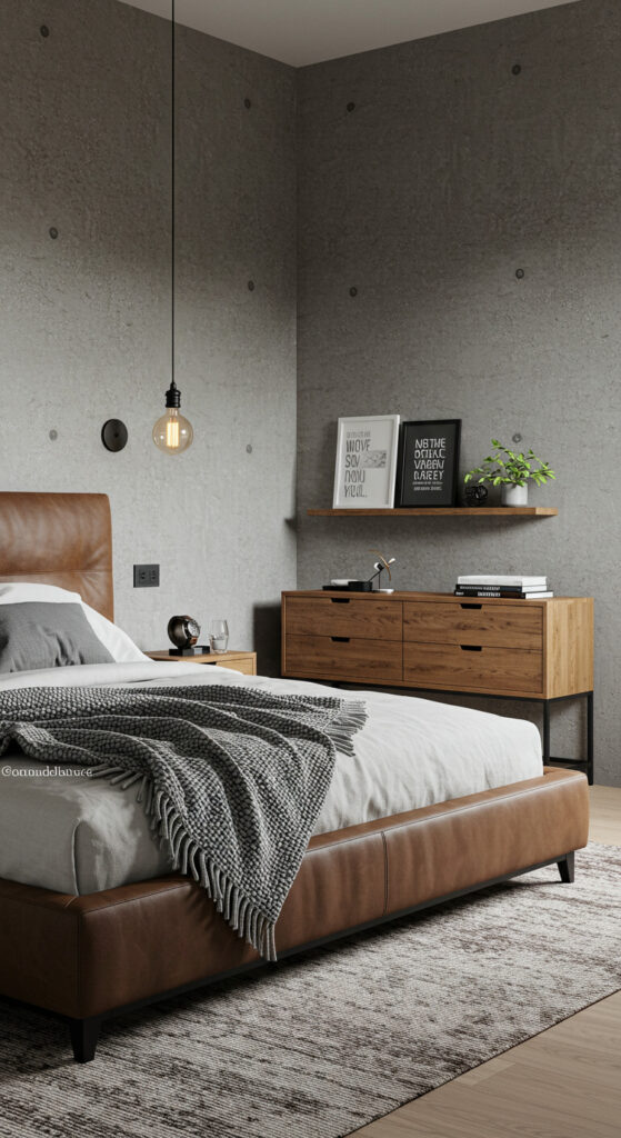 20. Industrial-Modern Bedroom with Textural Contrast
