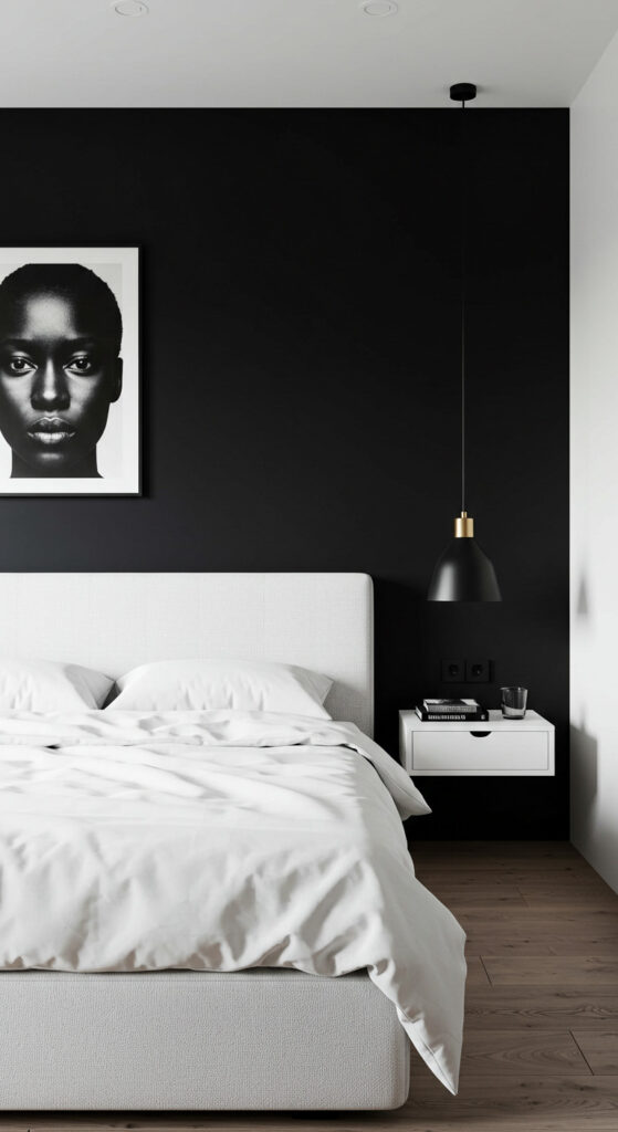 4. Black and White Minimalist Couple’s Bedroom