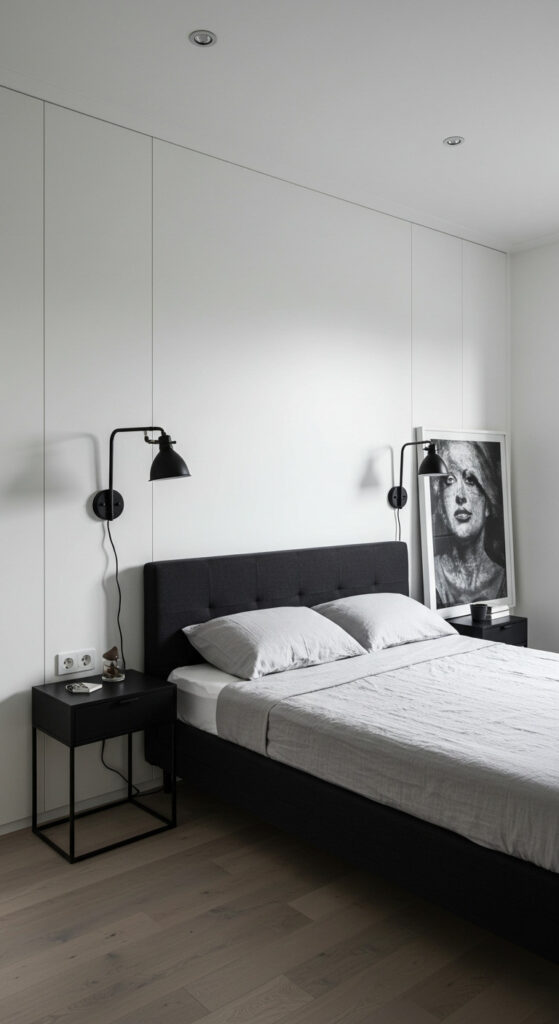 5. Minimalist Black-and-White Modern Men’s Bedroom