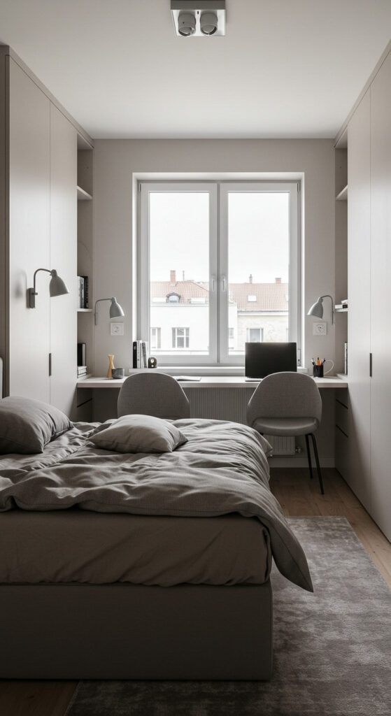 7. Minimalist Bedroom with Shared Workspace for Couples