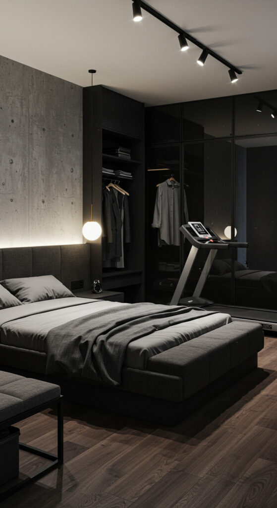 8. Modern Bedroom for Men with Gym Integration