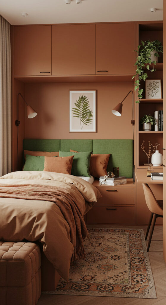 9. Earth-Toned Cozy Small Bedroom with Built-In Desk