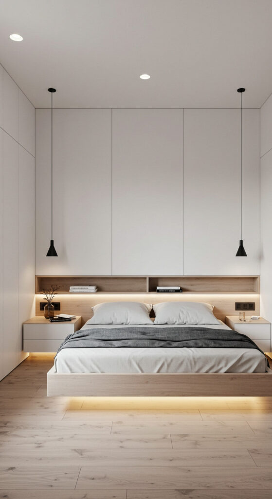 9. Minimalist Bedroom with Floating Elements and Symmetry