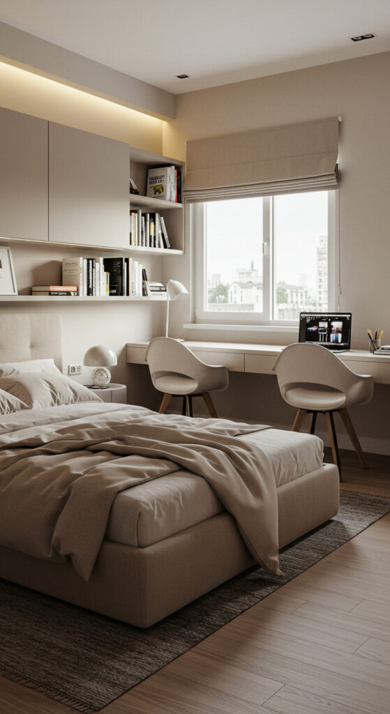 Modern Neutral Bedroom with Shared Workspace