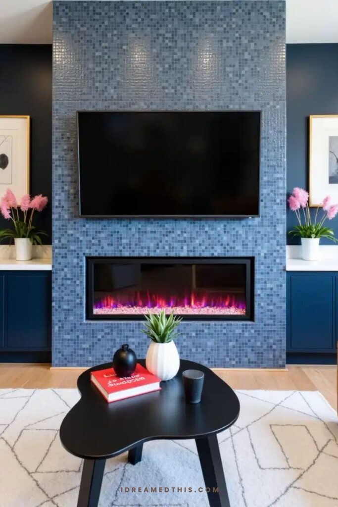 Modern Blue Living Room with Electric Fireplace
