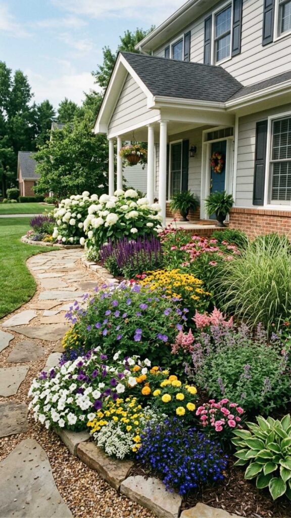 Layered Flower Beds with Tall and Short Plants