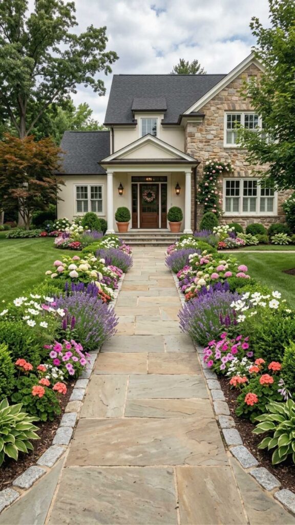 Symmetrical Flower Beds Along the Entryway